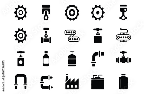 Industrial icons showcase various machinery and equipment in a factory setting with gears, tools, and industrial objects.