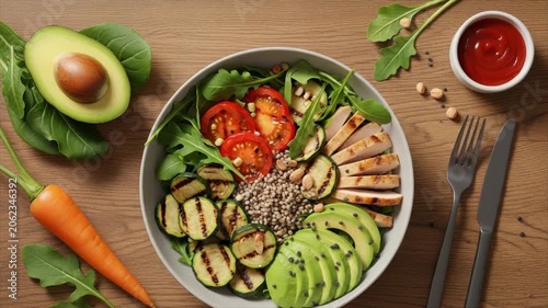 Healthy Chicken Salad Bowl A vibrant and fresh chicken salad bowl packed with grilled chicken avocado tomato zucchini and greens