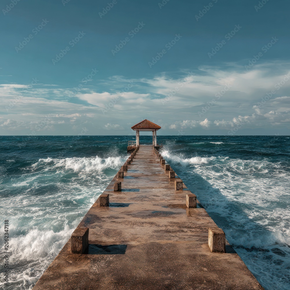 Obraz premium Wooden Pier Extending Into Ocean Under Blue Sky with Clouds