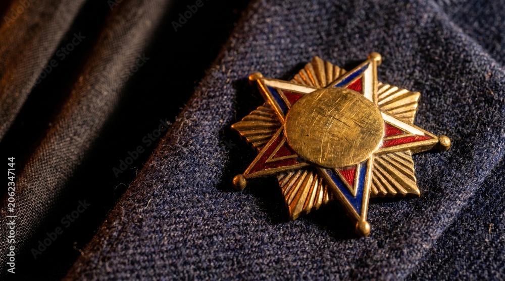 Fototapeta premium Vintage Gold Star Military Decoration Pinned On A Dark Wool Uniform