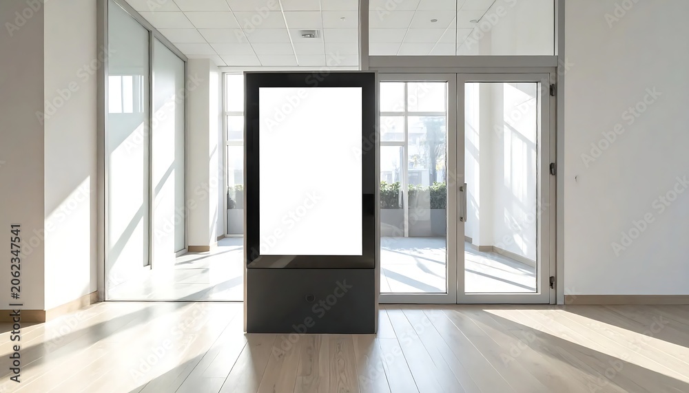 Fototapeta premium Empty white screen digital billboard mockup in a spacious, modern hall, offering a clean template for dynamic advertising and content display solutions