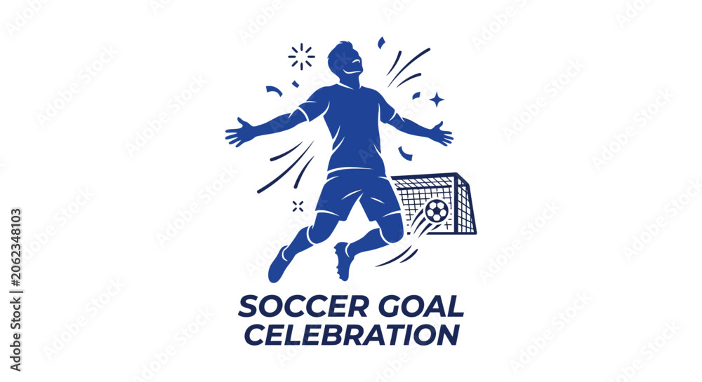 Obraz premium Soccer player celebrating goal with ball and net dark blue silhouette