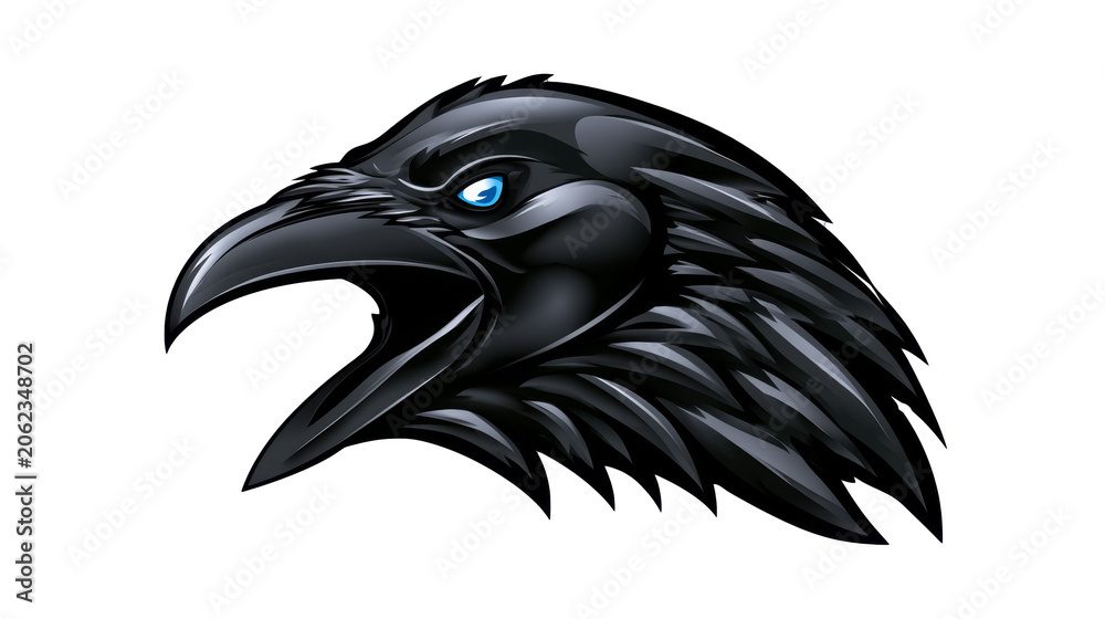 Obraz premium Menacing Raven Head Mascot in Side Profile with Piercing Blue Eye