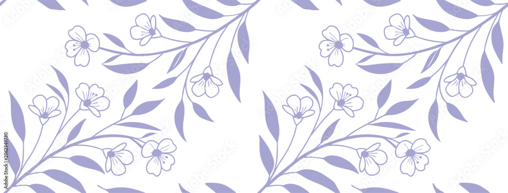 Fototapeta premium Seamless floral branch pattern with elegant purple line art blossoms and leaves on white background. Decorative botanical design perfect for textiles, wallpaper, packaging and prints.