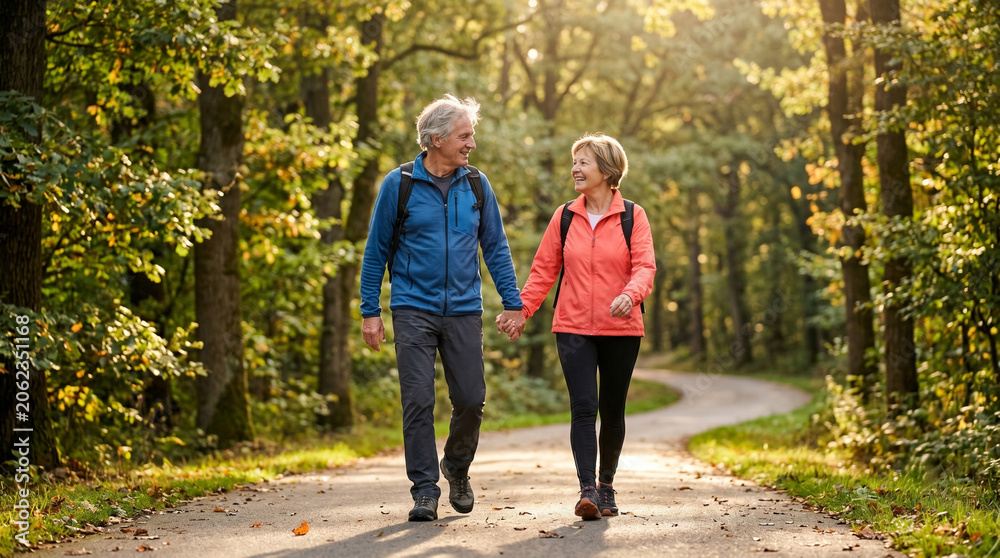 Fototapeta premium Senior couple walking together in a sunny autumn forest