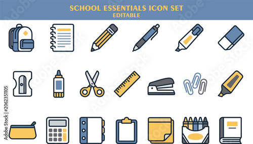 School essentials icons including backpack, book, pencil, and calculator on desk