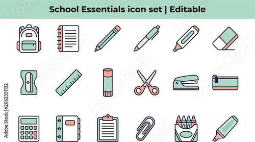 School supplies icons including a backpack and various stationery on a table indoors.