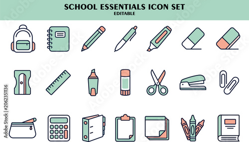 School essentials icons showcase various educational tools and supplies on a desk.