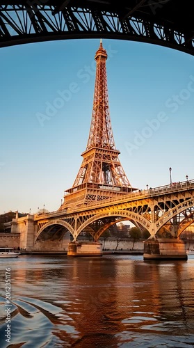 Eiffel Tower and Parisian bridge over Seine River during golden hour sunset lighting