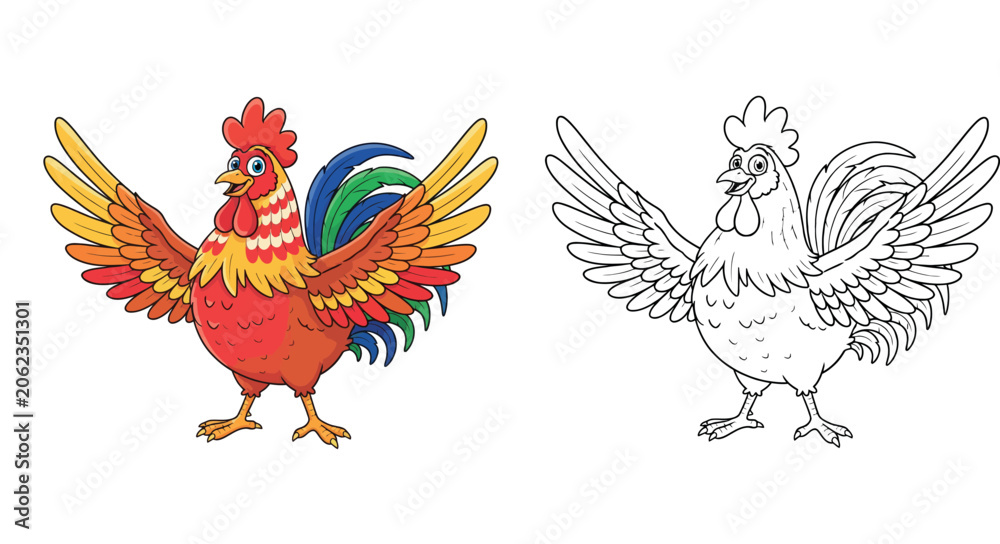 Fototapeta premium Colorful Rooster Cartoon Coloring Page