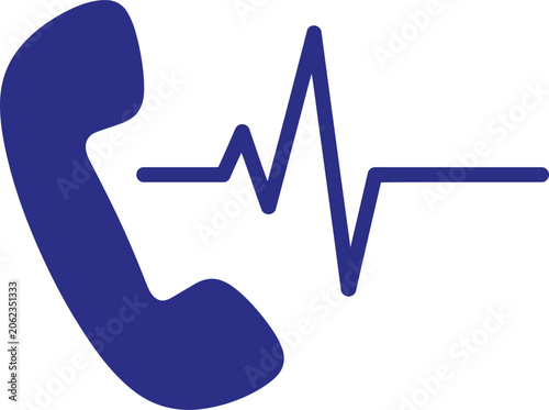 Illustration of a blue telephone receiver icon with a heart rate line symbol to represent medical communication or emergency services