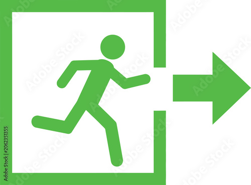 Green pictogram of a person running through an exit sign indicating an emergency escape route directional arrow