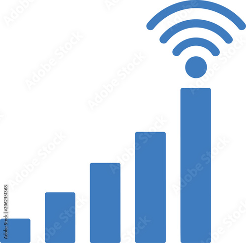 Increasing blue bar graph representing signal strength with wifi waves emanating from the top isolated on transparent background