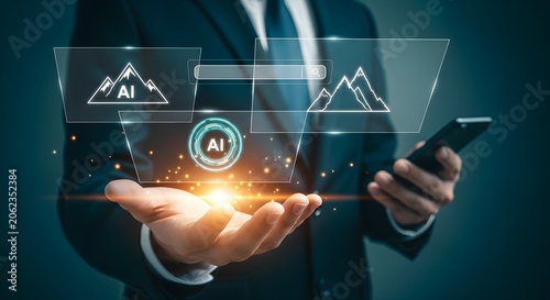 Businessman holding a glowing AI icon and digital interface, symbolizing artificial intelligence integration into business and future technology innovation.