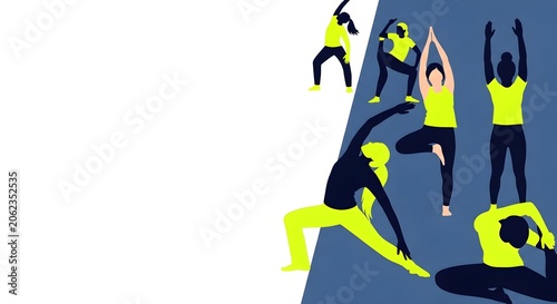 Diverse group of people practicing yoga and stretching in a modern, abstract style with vibrant colors
