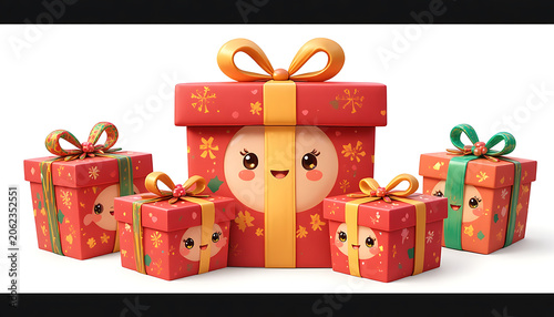 Cute and colorful wrapped Christmas presents on plain background