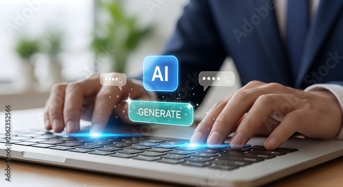 Hands typing on a laptop with AI generate button and chat bubbles, concept of artificial intelligence and content creation