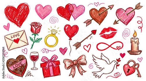 Set of handdrawn romantic valentines day elements isolated on transparent background