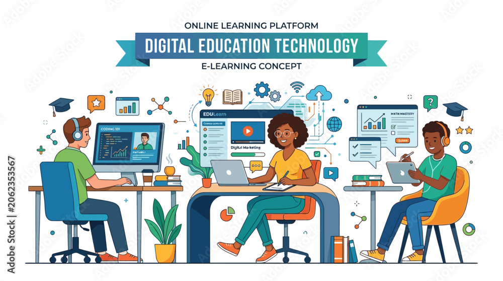 Naklejka premium Students learn on laptops at desks