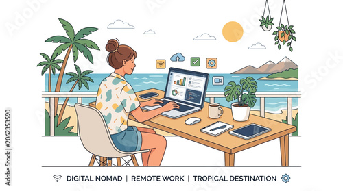 Принти на полотні Woman works remotely on laptop at tropical oceanfront desk