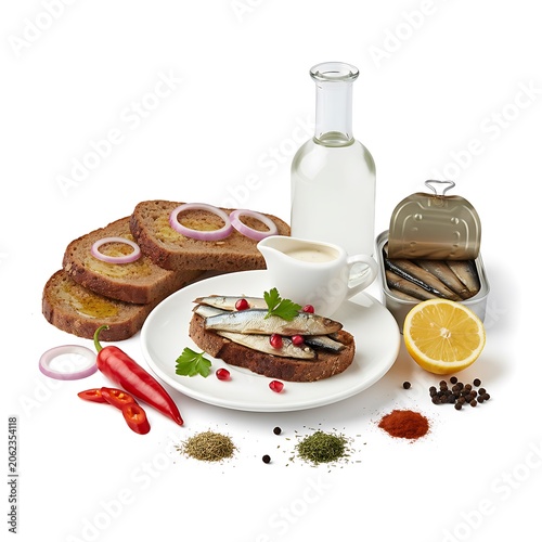Canned fish appetizer with bread, lemon, onion and spices isolated on white background. Seafood food concept.