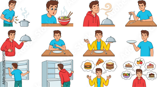 Fotografie Hungry Man Cartoon Character Set Feeling Starving Food Craving Empty Plate Frid