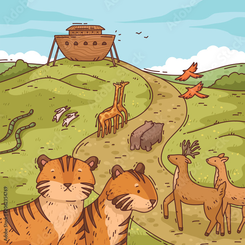 Noah's Ark and Wildlife Cartoon Landscape Illustration – Cute Biblical Animal Scene Vector Background