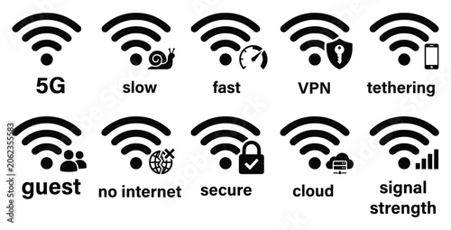 Fotografie Black wireless network status icon collection