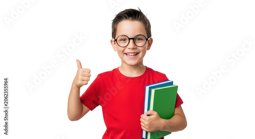 Happy school boy with glasses showing thumbs up holding books isolated on transparent background