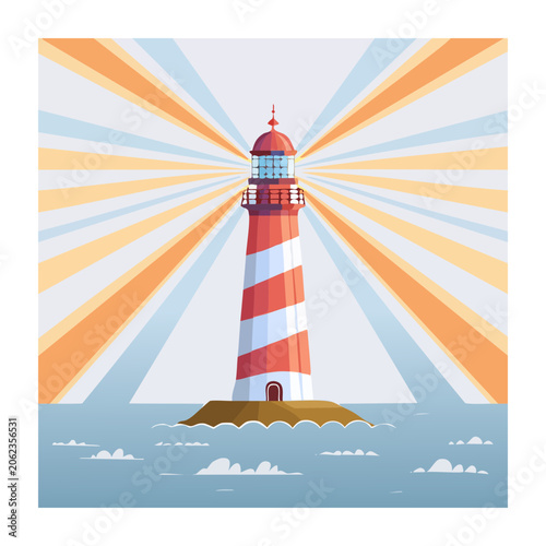 Flat design lighthouse with sun rays