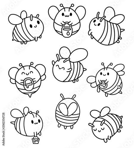 A black-and-white line art coloring page featuring nine cute, cartoon-style bees arranged in a grid.