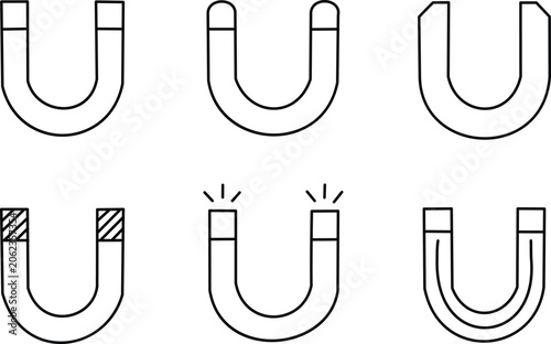 Black line drawing of six horseshoe magnets on white background, magnet illustration set with energy symbols