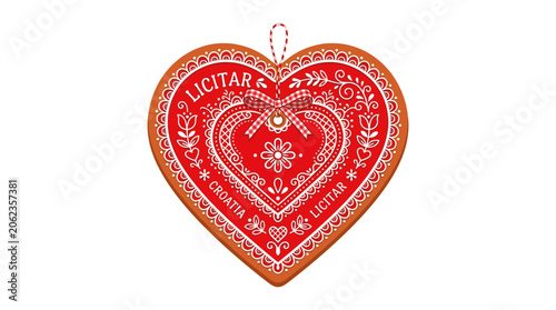 Canvastavla Traditional Croatian Licitars Heart Shaped Cookie Decoration with Intricate Red and White Patterns