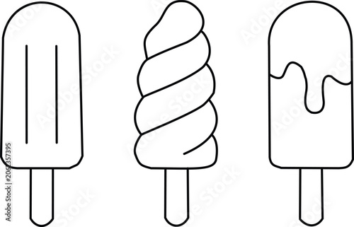 Black line drawing of three popsicles on white background, summer ice cream illustration set with different shapes