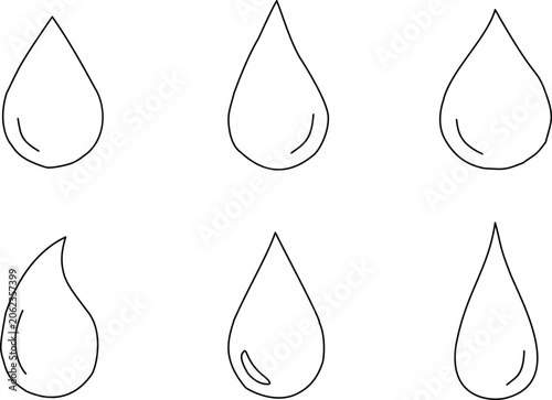 Black line drawing of six water droplets isolated on white background, simple water drop illustration set