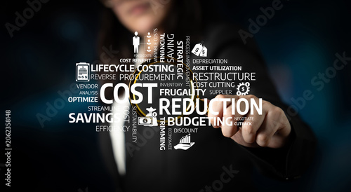 Obraz na płótnie A businesswoman points towards key terms of cost reduction and budgeting, emphasizing essential financial strategies in a corporate environment for effective management
