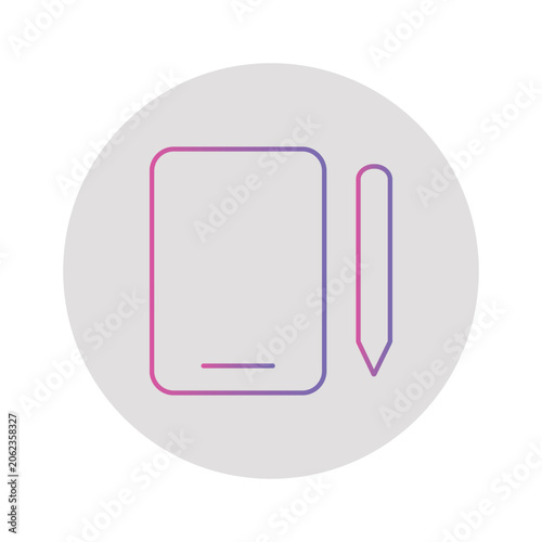 Simple line art illustration of a digital tablet and stylus pen with gradient colors