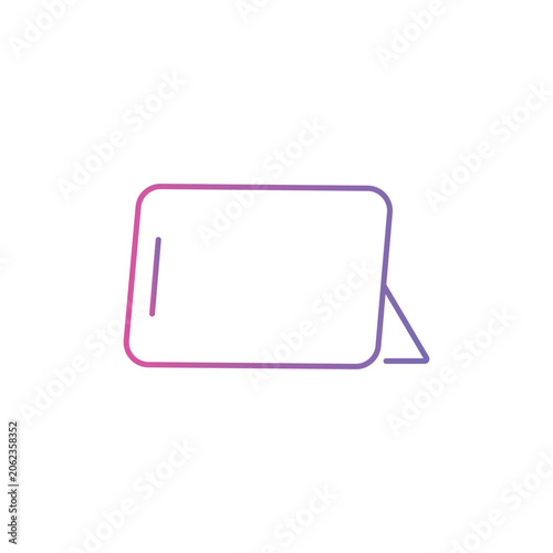 Simple line art illustration of a tablet device with a stand attached to its side for viewing