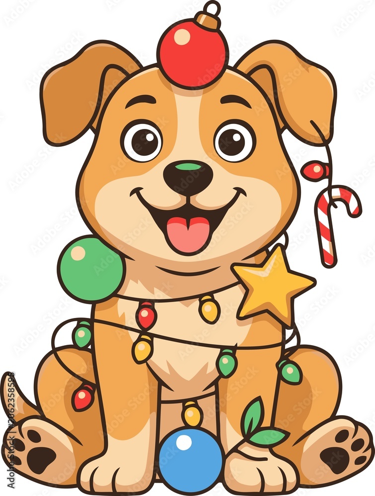 Fototapeta premium Cute cartoon dog decorated with christmas ornaments and lights