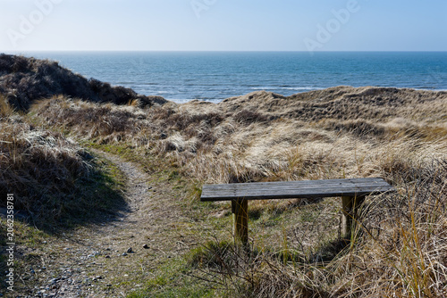 Photos einsame Sitzbank in den Dünen von Tornby in Dänemark mit herrlichem Blick auf di