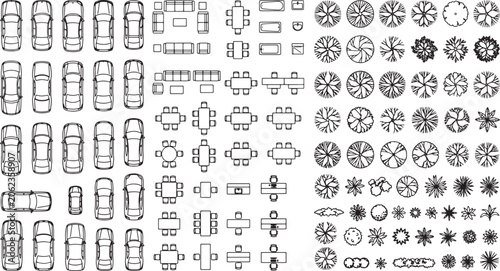Architectural site plan symbols set with cars furniture and trees in top view vector illustration