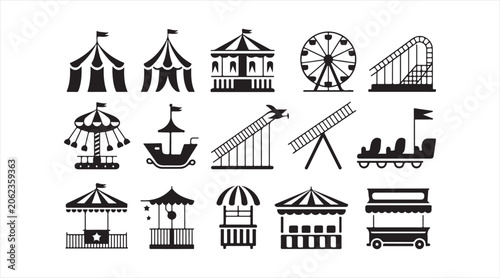 Black silhouette amusement park icon set showing roller coasters ferris wheels carousels train rides and festive fairground attractions vector illustration