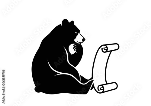Silhouette of a bear sitting and examining a scroll on white background