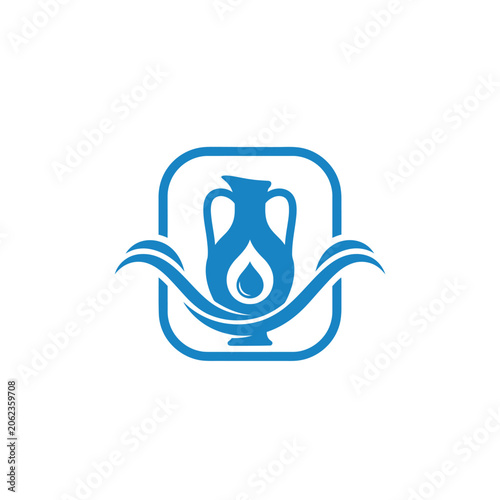 Blue emblem with a centered vase, water waves swirl around, enclosed in a rounded rectangle