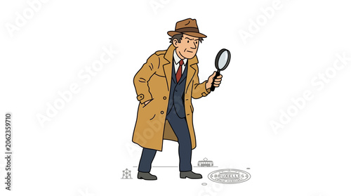 Bild auf Leinwand Cartoon detective in a trench coat and fedora hat holding a magnifying glass, investigating a clue on the ground