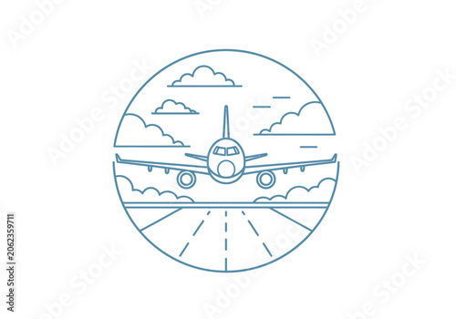 Line art illustration of a jet plane flying high above runway with clouds