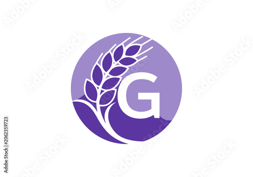 Circular logo featuring stylized wheat stalk and the letter G in purple shades