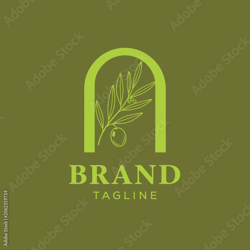 Minimalistic logo featuring an olive branch with a single olive in a arch shape