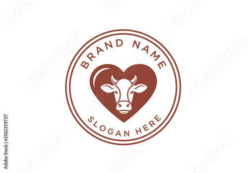 Circular logo featuring a cow's head within a heart, with space for brand name and slogan