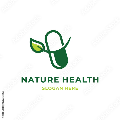 Nature health logo design with green medicine capsule pill and leaf icon